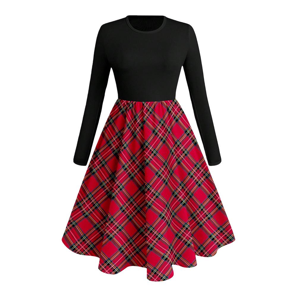 Plus Size Women's Hepburn Style Polka Dot A-line Dress with Round Neck and Long Sleeves