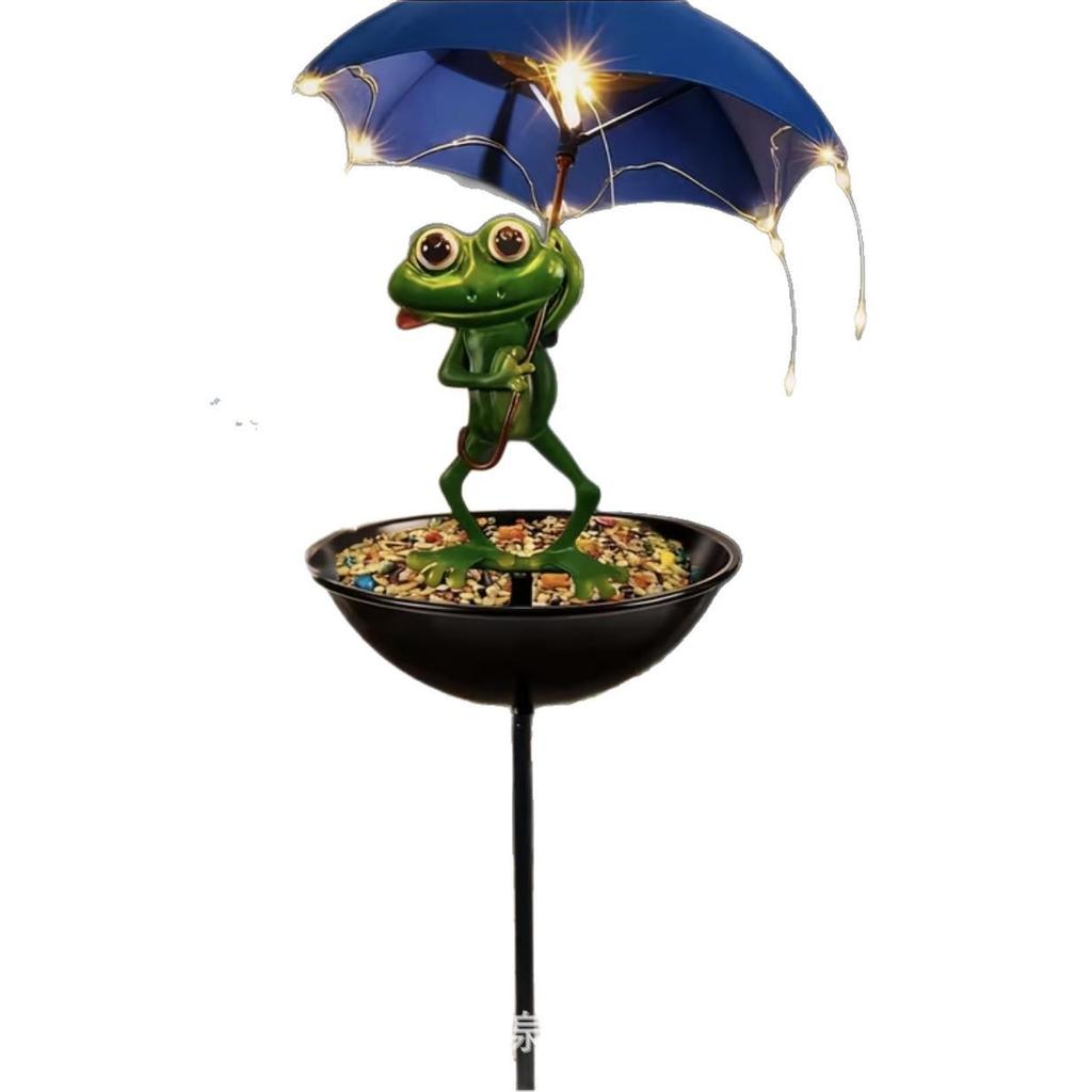 Wrought Iron Frog Bird Feeder with Solar Lamp & Umbrella Stand