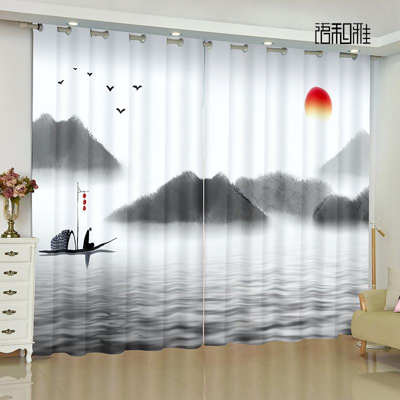 Modern New Chinese Buddhism Landscape Painting Living Room Study High-end Bedroom Famous Curtains Zen Retro Transparent Curtains
