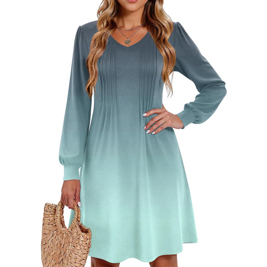 Ladies' Printed Casual And Fashionable V-neck Long Sleeved Mid Length Dress