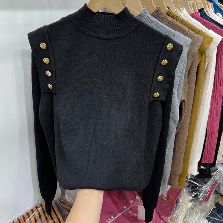 

Женские свитера, пуловеры 2025 Осень-Зима Длинный рукав Полувысокий воротник Черный вязаный свитер Женские топы Пуловер JJ85 One Size чёрный