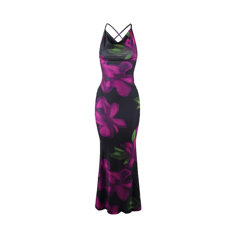 European and American Style New Dress Flower Print Cross Shoulder Strap Backless Slim Inside Long Dress Wholesale