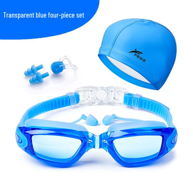 Fike High-Definition Waterproof Anti-Fog Swimming Goggles Set with Swim Cap, Large Plated Frame, Unisex