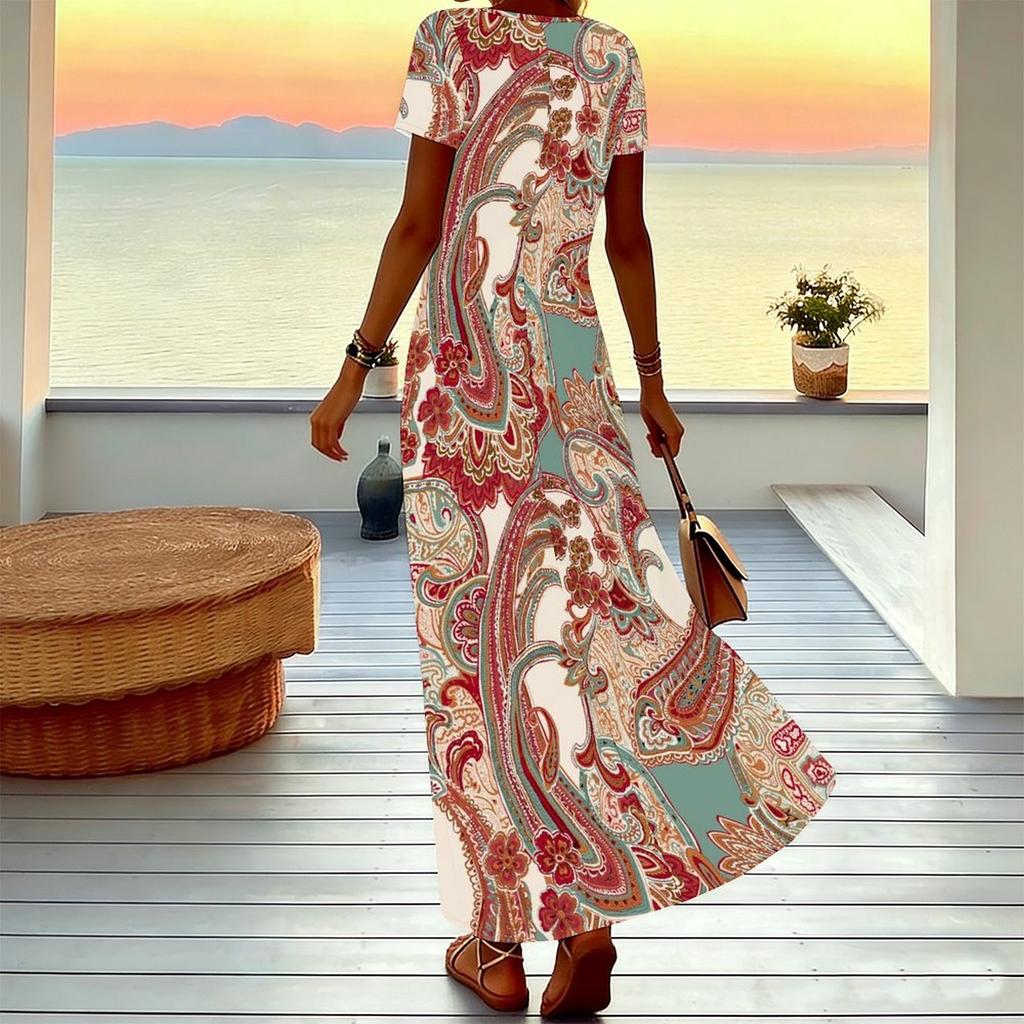 Women Plus Size V Neck Short Sleeve Maxi Dress Retro Paisley Print Loose Fit Summer Beach Long Dress