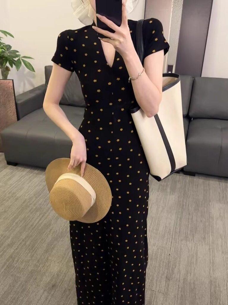 Elegant French-Style V-Neck Slim Fit Women's Summer Dress