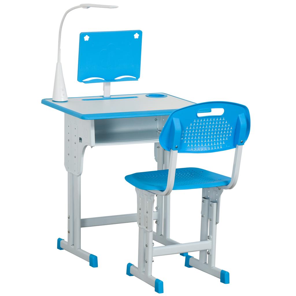 Kids Desk and Chair Set Adjustable Height Study Table Set with Drawer, Book Stand, Pen Slot - Blue