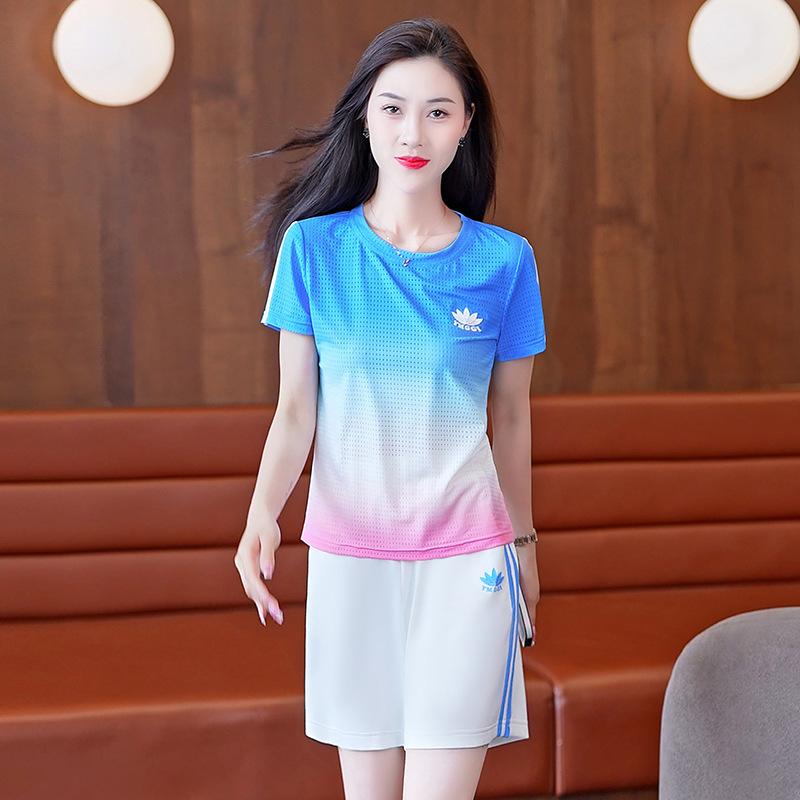 Damski dres sportowy rekreacyjny, letni, z lodowego jedwabiu, szybkoschnący, zestaw dwuczęściowy z krótkim rękawem