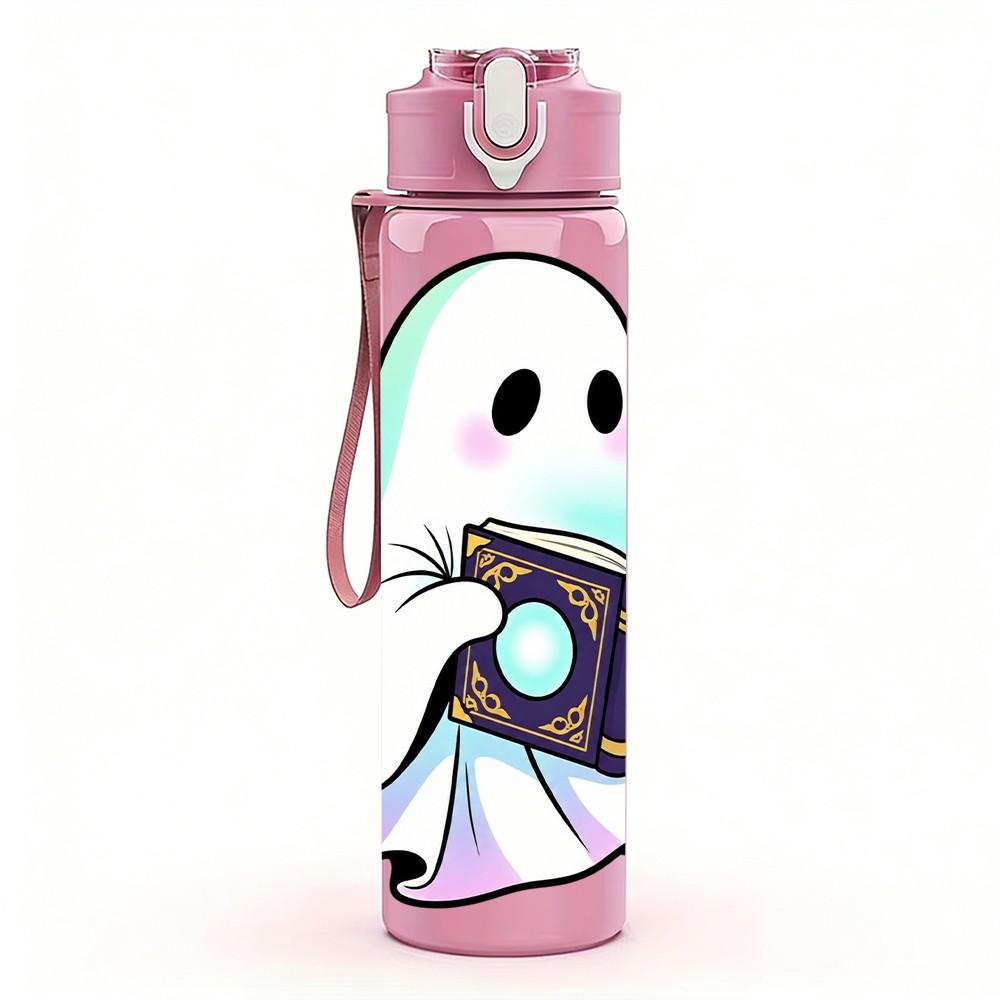 1PC Ghost Cat Reading Book Halloween Print 750ml Color Plastic Sports Water Bottle Leakproof Flip Straw Lid Suitable for Sports Office Home Use
