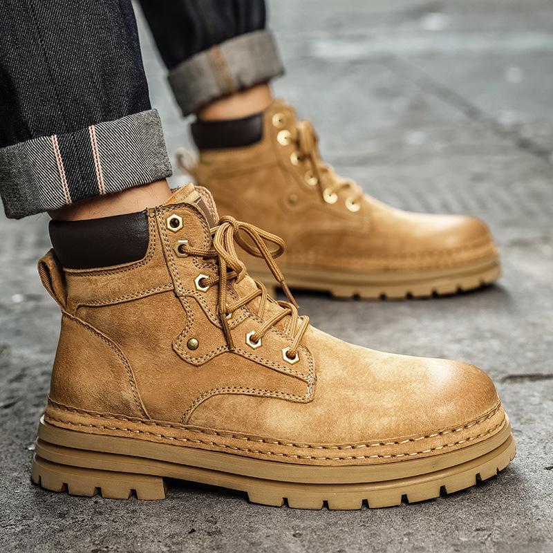 The Same Ins Rhubarb Boots Men's Autumn and Winter Velvet High-top Boots Men's Martin Boots Men's Couple Cotton Shoes Tooling Boots