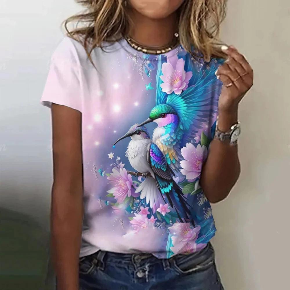 Color Animal Bird 3D Print Women Casual O-Neck Short Sleeve Harajuku Streetwear Y2k Tops