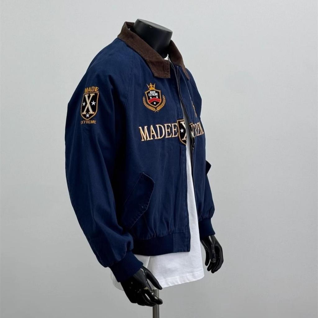 RogueWave American Retro Vintage Embroidered Trendy Zipper Jacket Men Hip Hop Lapel Bomber Jacket Y2K Streetwear Loose Casual Coats