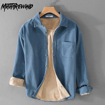 Winter Warm Men Tops Daily Casual Simple Style Men Clothing Solid Color Turn Down Collar Long Sleeve Corduroy Fleece Shirt with Pocket