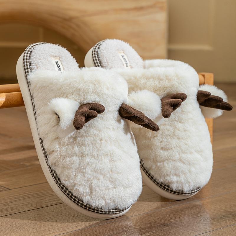 Cute Antlers Plush Cotton Slippers Autumn and Winter Indoor Home Non-slip Silent Plush Warm Couple Floor Mop
