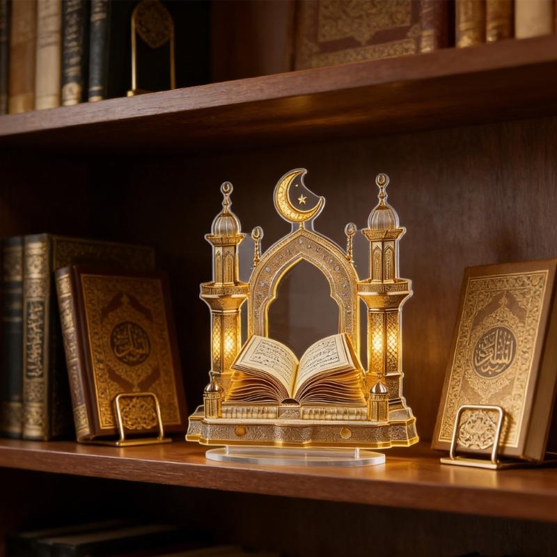 Eid Ramadans 2D Moon Castles and Quran Acrylic Table Sign Ornament for Islamic Tabletop Decors Muslims Festival Gift