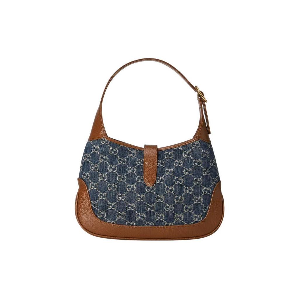 Gucci Jackie 1961 Small Shoulder Bag GG Denim Canvas Brown Leather Gold Hardware Hobo Handbag for Women Daily Commute Shopping 636706-2KQGG-8375