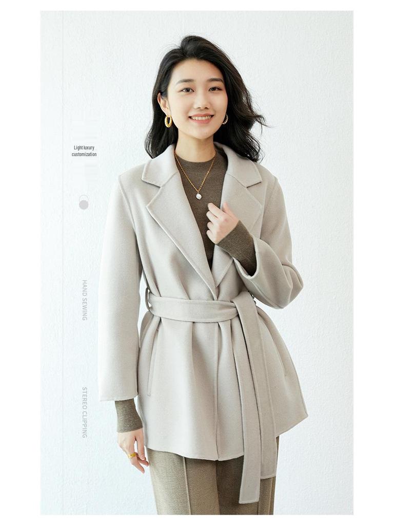 High-End Autumn & Winter Double-Sided Wool Coat: 100% Pure Wool, Tie-Waist, Slimming Mid-Length Outerwear for Women