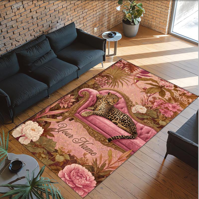 Leopard Theme Crystal Velvet Floor Rug Personalized Custom Name Text Warm Carpet Home Decoration