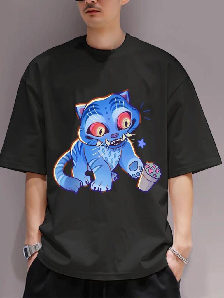 Men's Black Kpop Demon Hunter Pattern T-Shirt Blue Cat with Glowing Eyes Print Casual Loose Short Sleeve Summer New