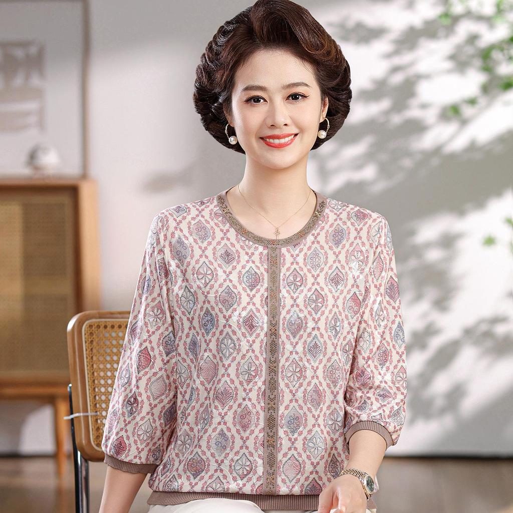 Mom's Spring/Summer Ice Silk Knit Top - Seven-Sleeve Style for Middle-Aged and Elderly Women