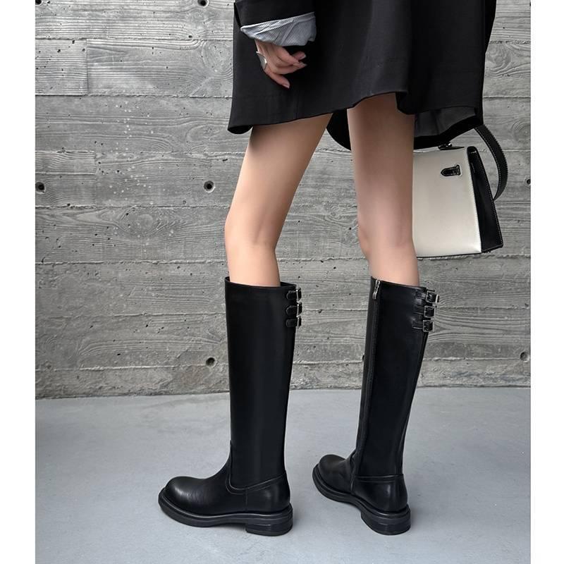 Versatile medium heel large size women's boots leather knight boots comfortable thick-soled cowhide tall boots autumn and winter round head lea