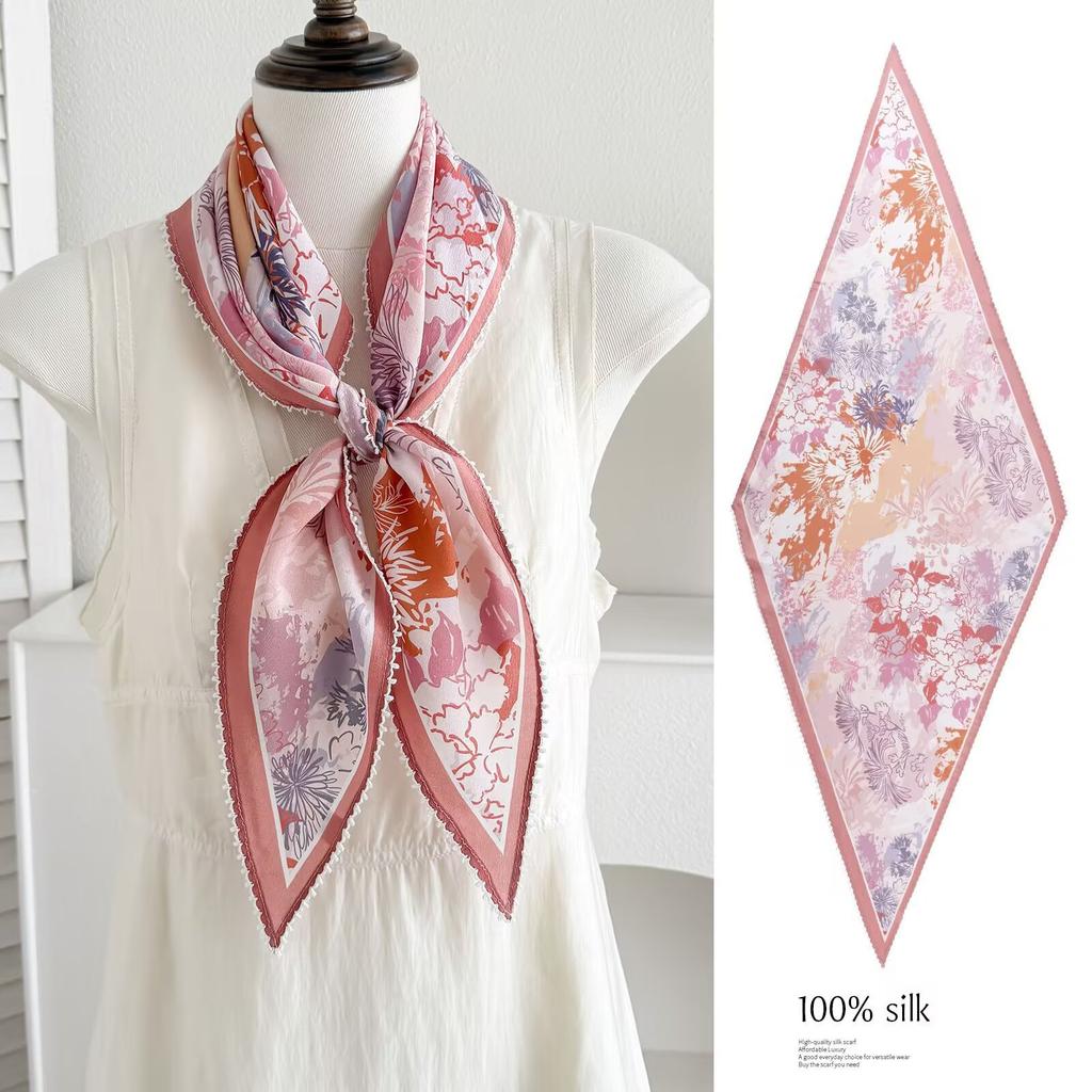 Spring new retro 111 mulberry silk silk scarf fashion temperament silk double crepe lace rhombus scarf accessories