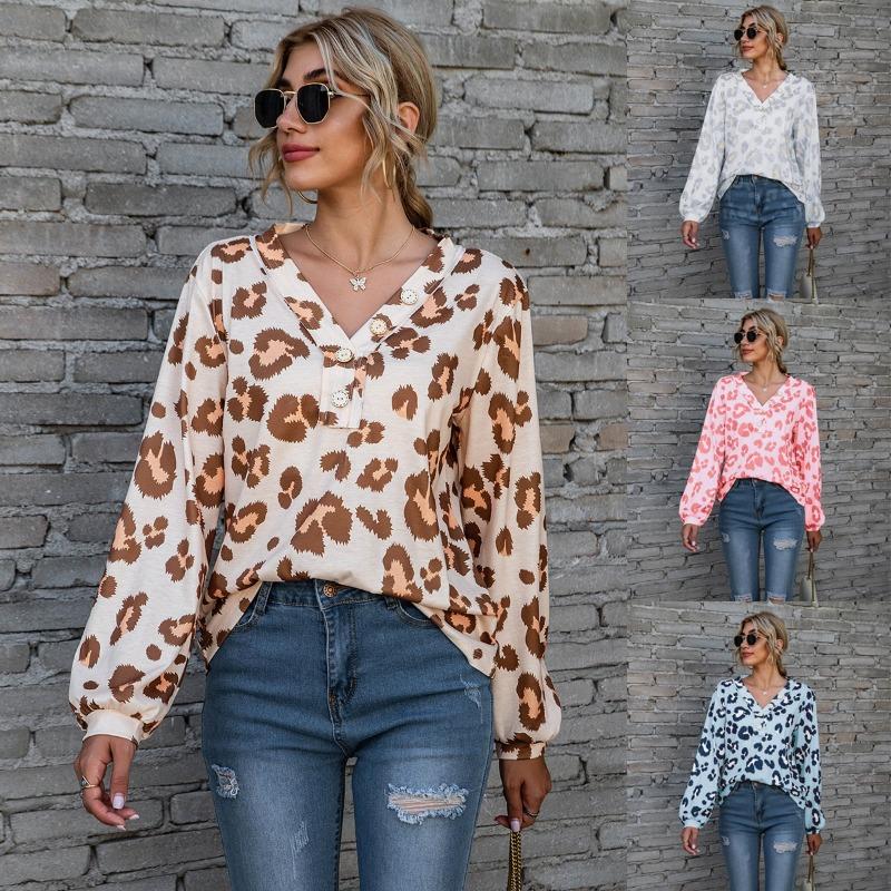 Plus Size Leopard Print V Neck Off The Shoulder Long Sleeved Top for Women
