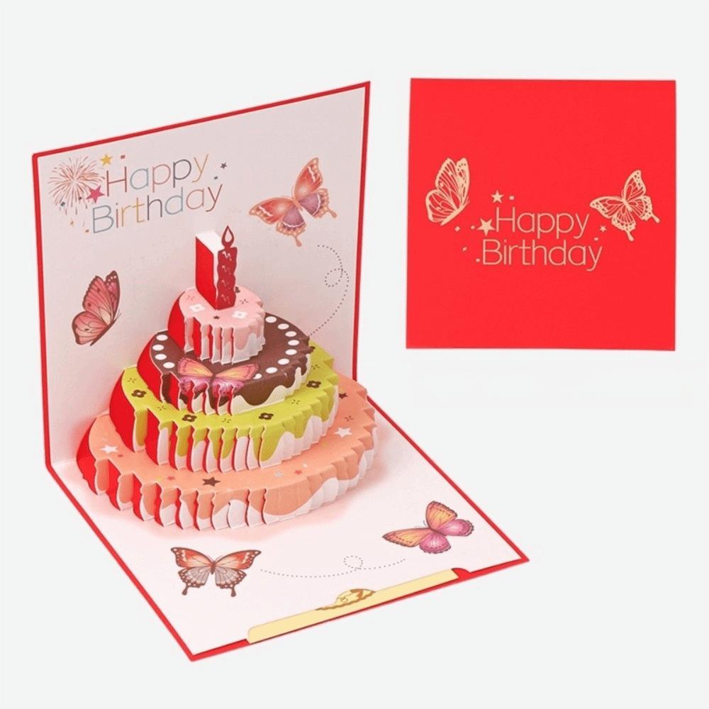 

Pop Up Cake Happy Birthday Cake Card With Envelope Best Wishes Birthday Red Envelope Greeting Card Butterfly Printed красный