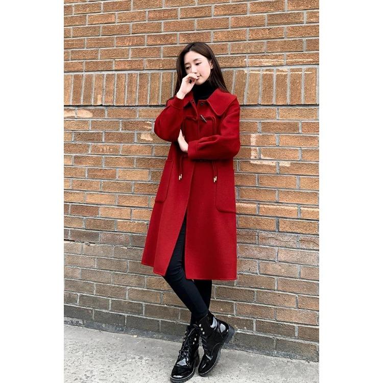 Stylish and Elegant Red Woolen Coat with Horn Buckles for Weddings and Fashionable Women