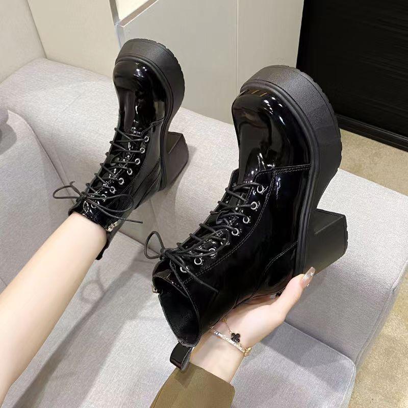 Round head thick heel lace-up Martin boots women's high heel waterproof platform platform platform short boots small retro white soft leather boots