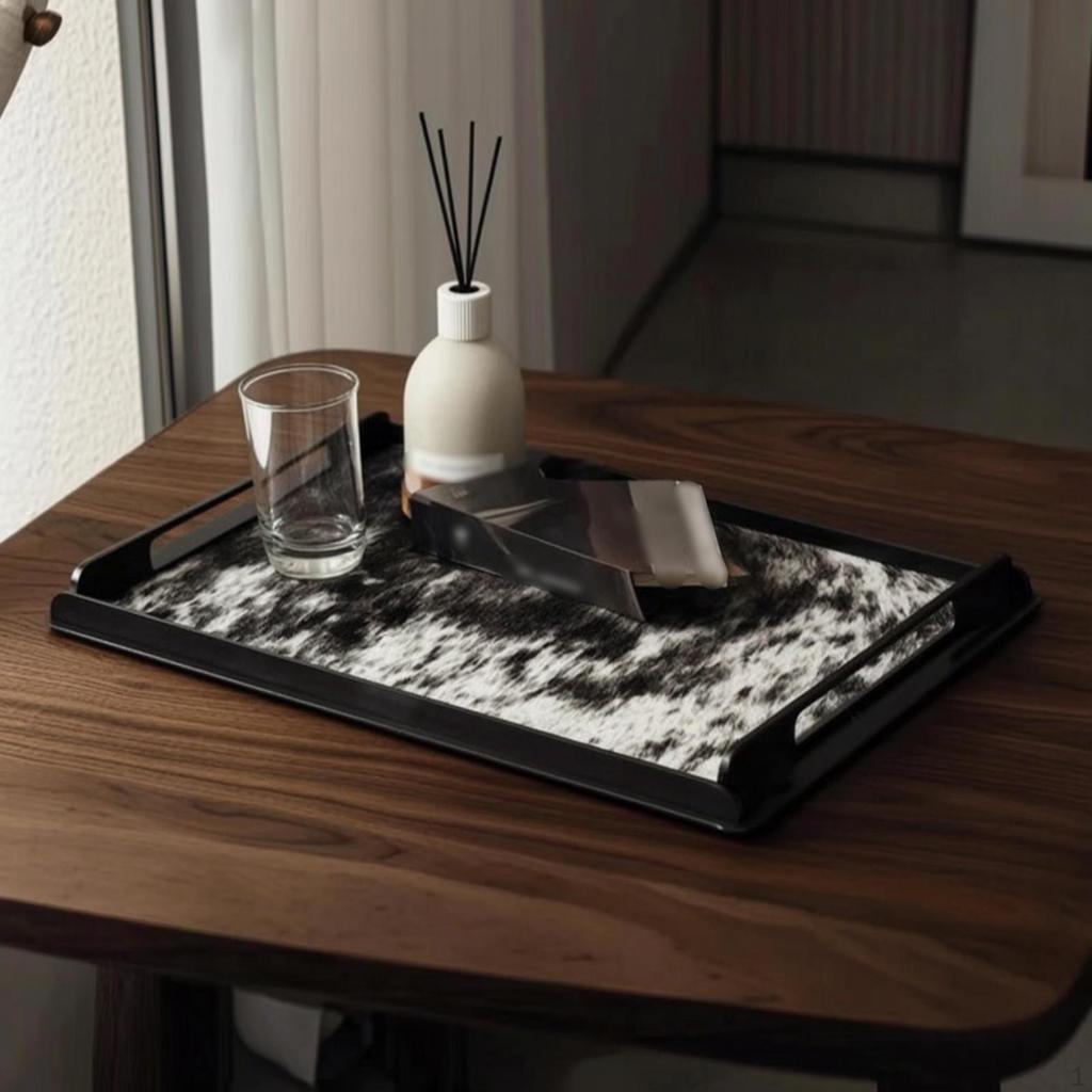 Tray with Handles Rectangular Metal Frame Platter for Desktop, Coffee Table, Vanity Creamy