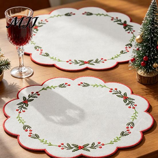 Soft Thick Table Protectors Christmas Scalloped Embroidered Placemat, 15 Inch Cloth Place Mat with Holly Berries Reusable Holiday Dining Accessories