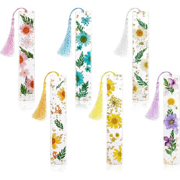 Leezmark 6 Pcs Resin Dried Flower Bookmarks, Transparent Dried Floral Bookmark Cute Pressed Flower Bookmark with Tassels, Gifts for Readers, Page