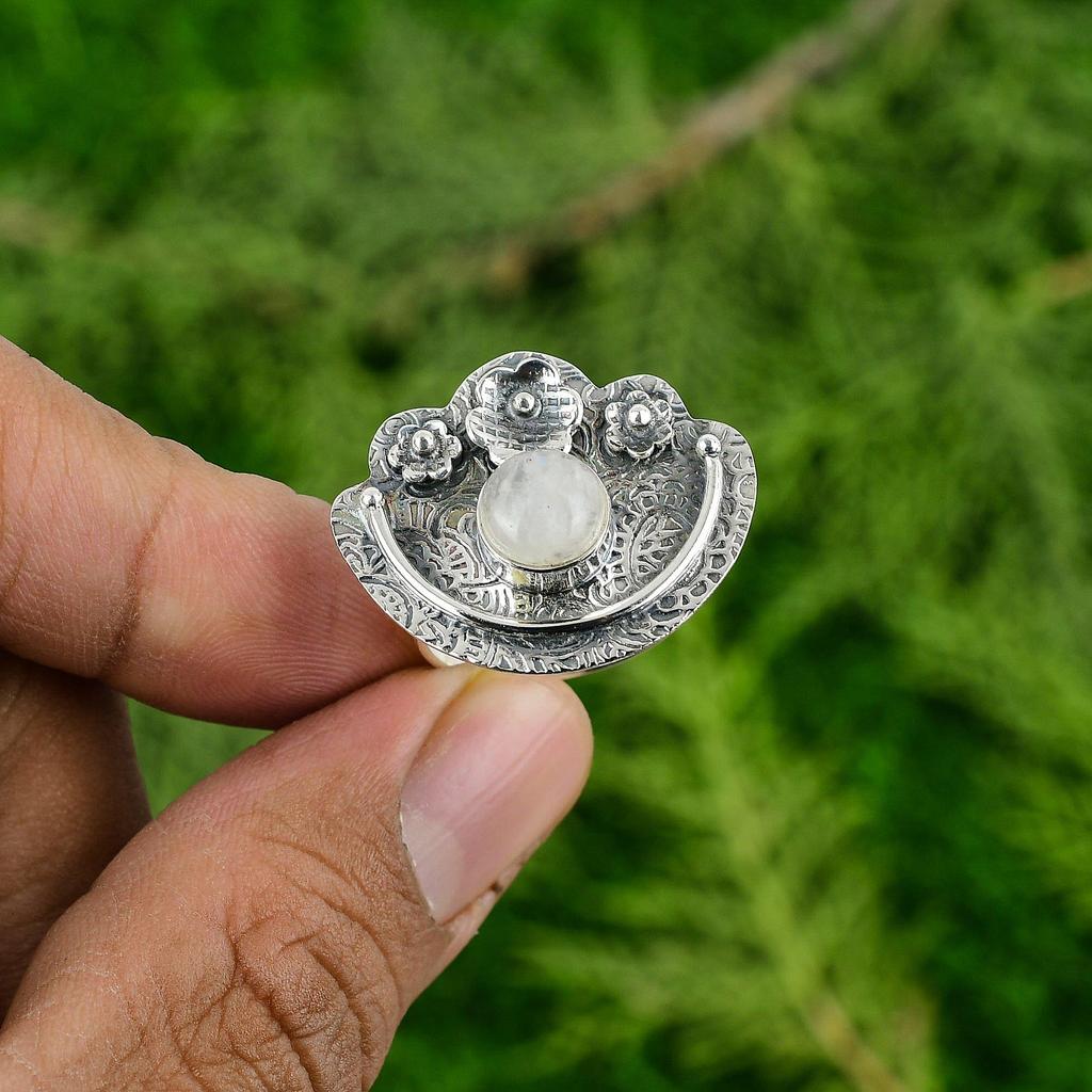 Round Rainbow Moonstone Gemstone 925 Silver Statement Flower Stackable Wife Ring