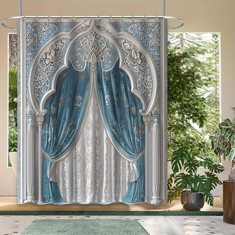 1/4 buc loral Fereastră Arc Tassel Albastru Set Perdea de Duș Impermeabilă Set Decorativ de Baie Covor Antiderapant Husă Toaletă Covoraș de Baie Și 12 Cârlige