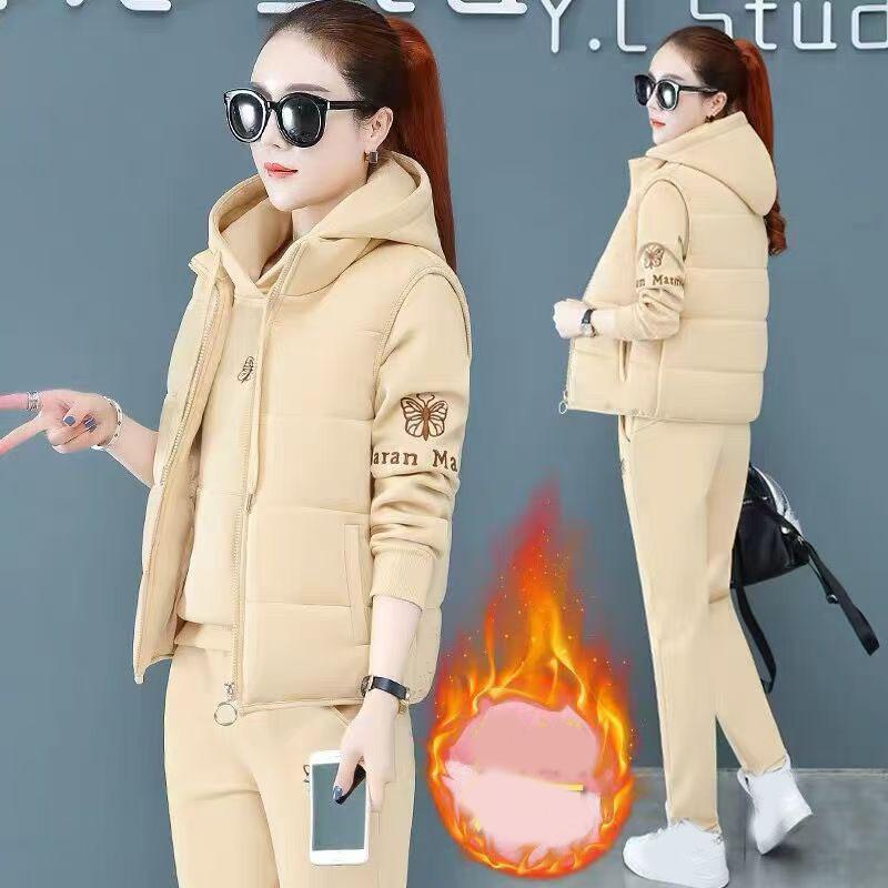 

Осенне-зимний комплект из трех предметов для мамы, а также утолщенный бархатный спортивный костюм, свитер, жилет, повседневный костюм из трех предметов XXXXL абрикосовый