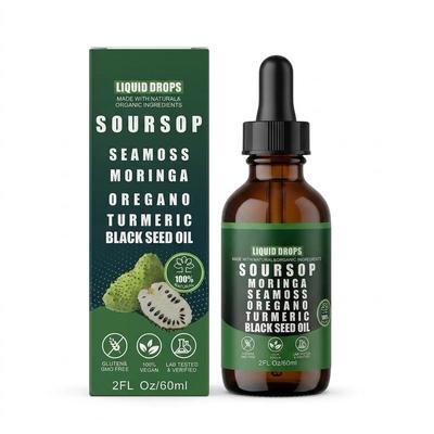 10-in-1 Guanabana & Meeresalgen Flüssigkeitstropfen – Veganes Kräuterergänzungsmittel mit Moringa, Kurkuma & Schwarzkümmelöl (2 Unzen)