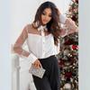 New Autumn/Fall Elegant Pure Color Stand Collar Long Sleeve Mesh Patchwork Blouse for Women
