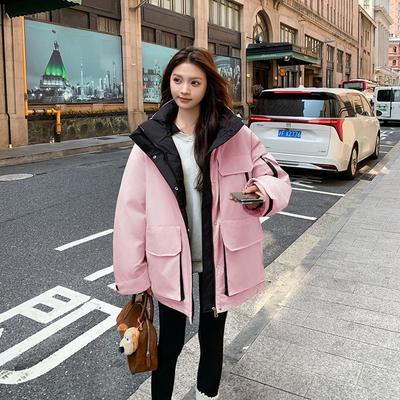 Small Short Hooded Down Cotton Jacket Women's Winter New Solid Color Thickened Bread Jacket Cotton
