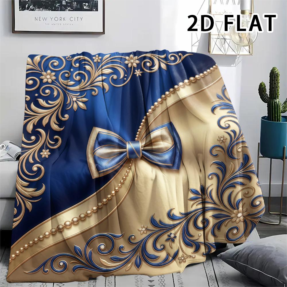 1Pc 2D FLAT Baroque Gold Blue Print Flannel Blanket,High quality Comfortable for All Seasons,Home Decor,Warmth and Comfort,Perfect for Christmas Gifts