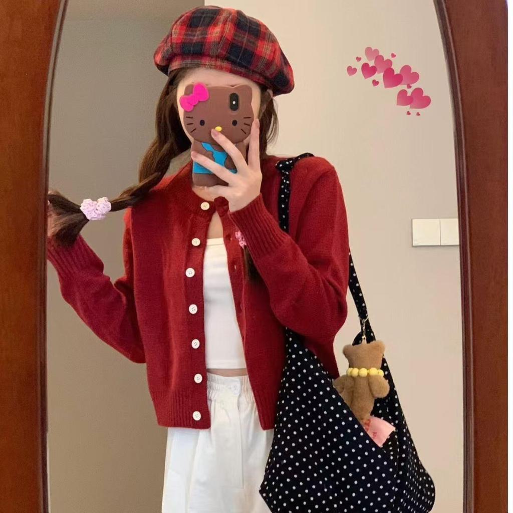 Korean Style Sweet Girly Knit Cardigan, Milk-Toned Gentle Outerwear for Petite Women, Trendy Spring/Autumn Top