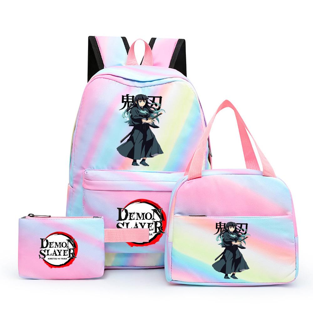 3Pcs/set Cartoon Demon Slayer Printed Backpack with Lunch Bag Pencil Case for Teenager Girl Boy Large Capacity Waterproof Bookbag Gift Mochila