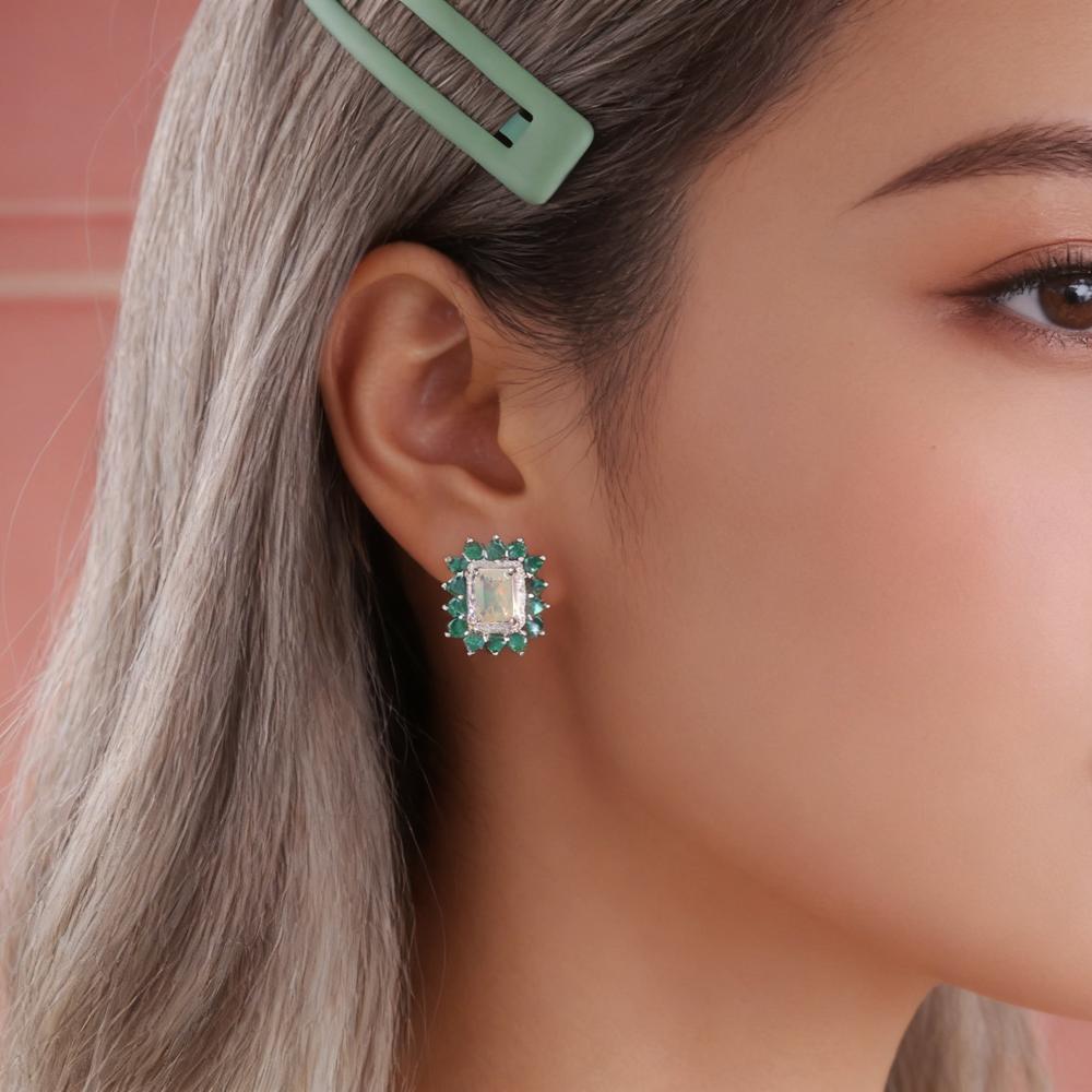 Women's Classic High-End Silver Earrings with Natural Ethiopia Opal & zambia Emerald Gemstones Fine Jewelry