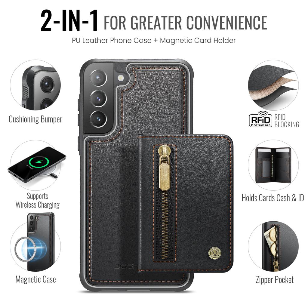 For Samsung Galaxy S21+ 5G Case JEEHOOD J12 Magnetic Detachable Zipper Wallet Kickstand Leather Back Cover Magnetic Case