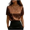Women's O Neck Short Sleeve Satin Top Loose Fit Elegant Blouse Pearl Beaded Casual Shirt