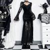 Rochie Cosplay pentru femei, stil întunecat, costum de petrecere de Halloween, dantelă, mozaic, broderie de flori, tivul cu coadă de pește, mâneci lungi, talie strânsă, performanță în linie A