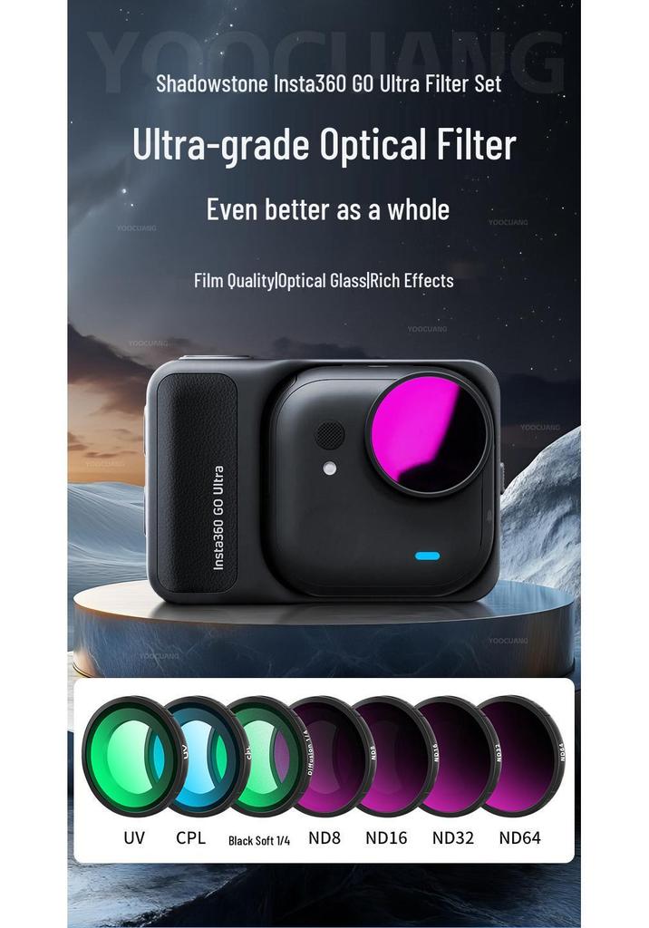 Compatible with Insta360 Go: Ultra ND Filters, UV Protection, CPL Polarizers, Black Soft Filters.