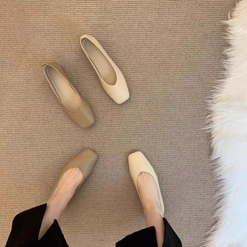Super soft lambskin~ Small inner height increase of 6cm single shoes women's shallow mouth thick heel square head grandma shoes soft sole Doudou shoes