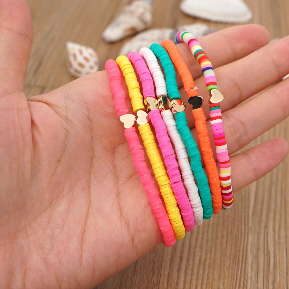 Multicolor Heishi Beaded Golden Heart Charm Bracelet Set for Women Summer Beach Jewelry Gift