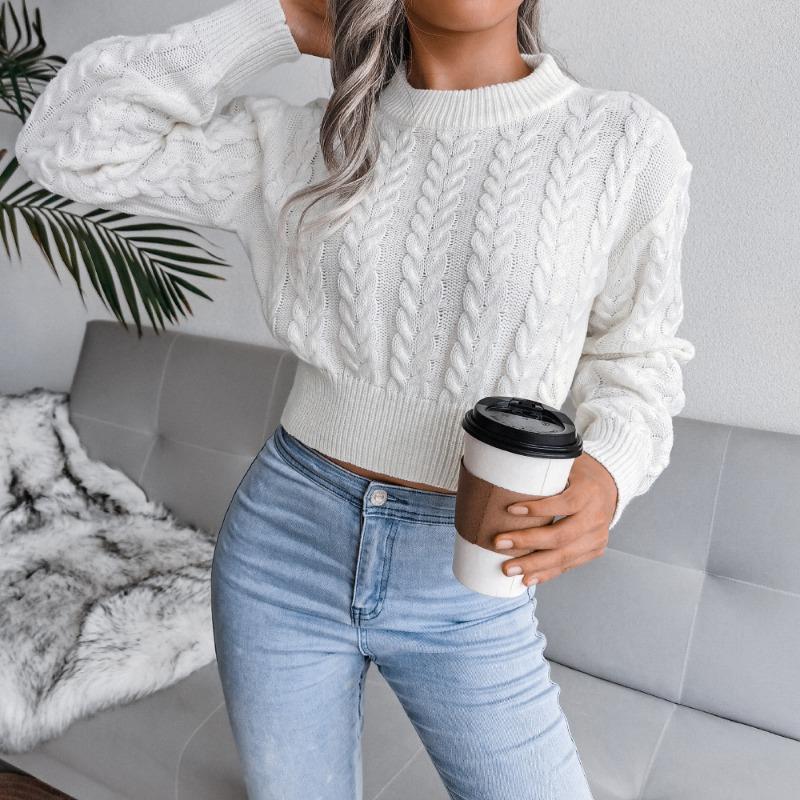 Autumn and winter new solid color twist knitted long-sleeved round neck pullover waist sexy spice sweater women