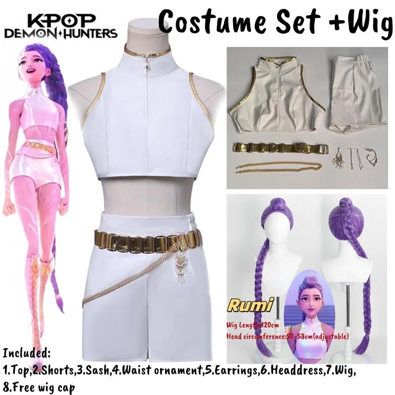 KPop Lovci démonů Děti Rumi Zoey Mira Cosplay třpytivý Kostým Bílá Uniforma Sada Huntrix Oblečení Pro Dívky Halloween Hra na role